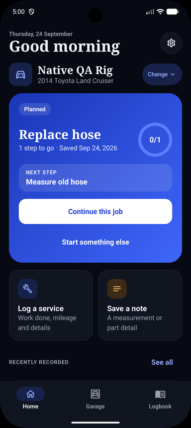 Android alpha showing a saved Replace hose job, the next checklist step and shortcuts to save a service or note